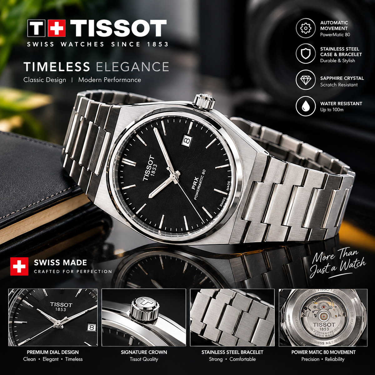 T!ss0t Luxury Men's Watch | Premium Stainless Steel Quartz Wristwatch with Sapphire Crystal